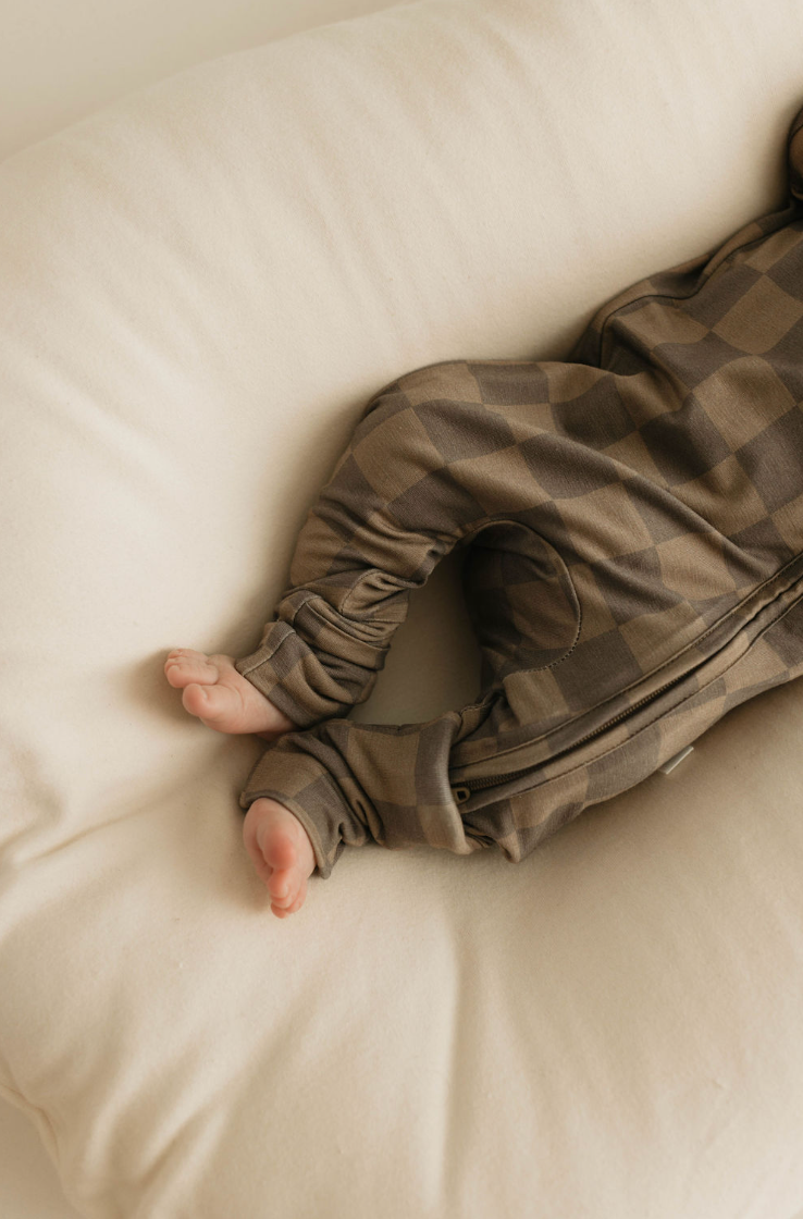 Bamboo Zip Pajamas | Faded Brown Checkerboard: 6-12 Months