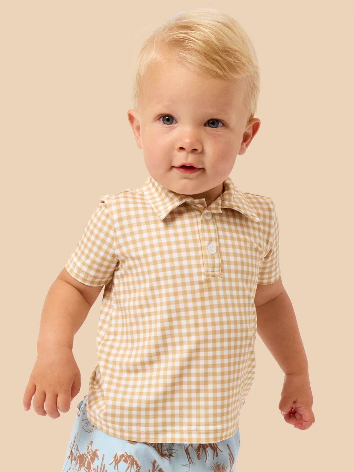 Boys Khaki Mini Gingham Knit Short Sleeve Performance Polo: Brown