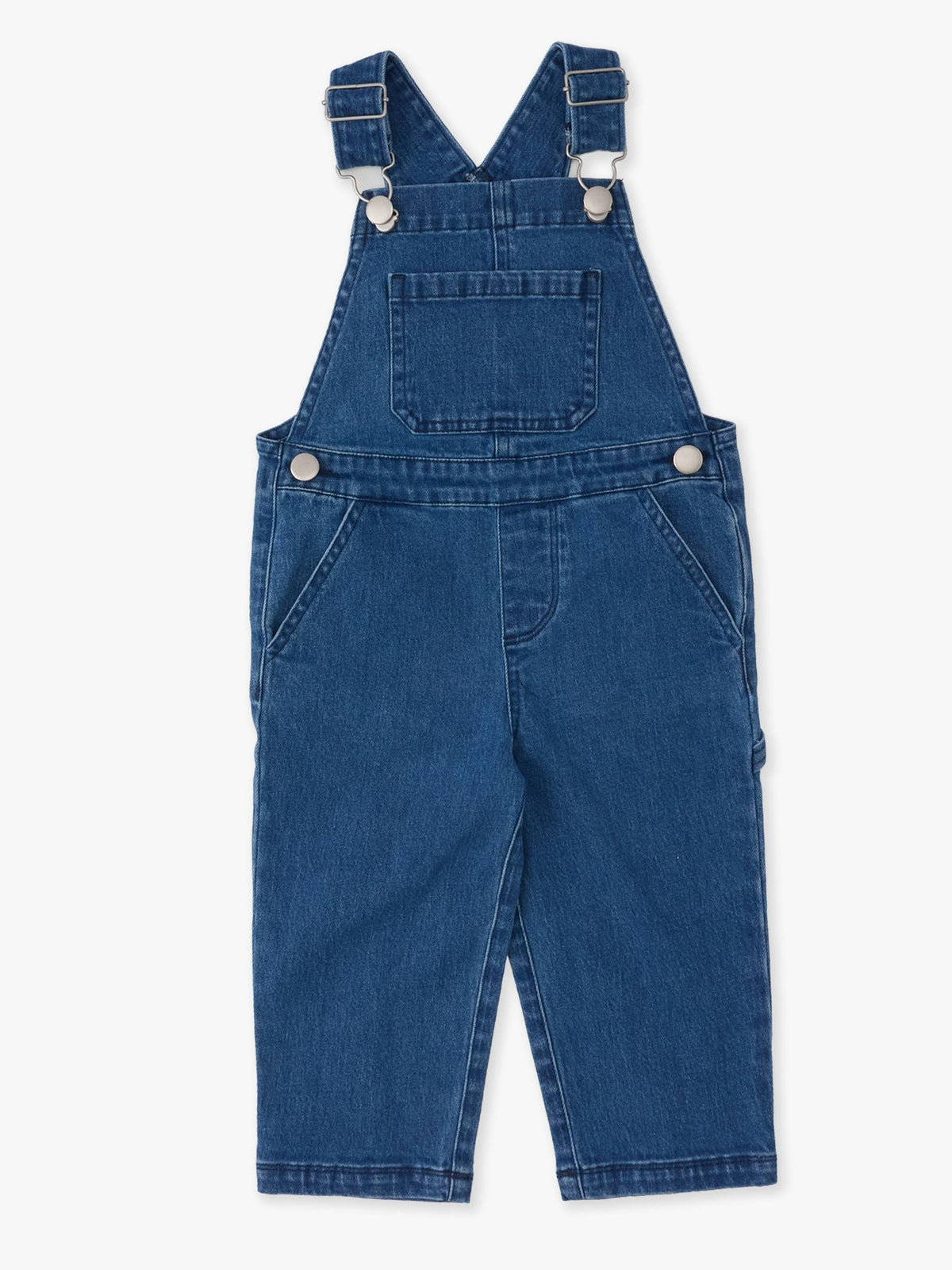 Medium Wash Stretch Denim Overalls: Blue