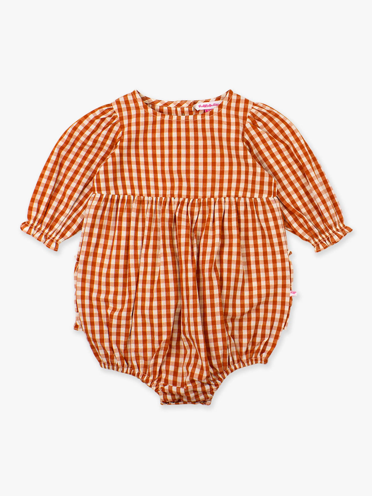 Baby Girls Classic Rust Gingham Woven Long Sleeve Bubble Romper: Orange