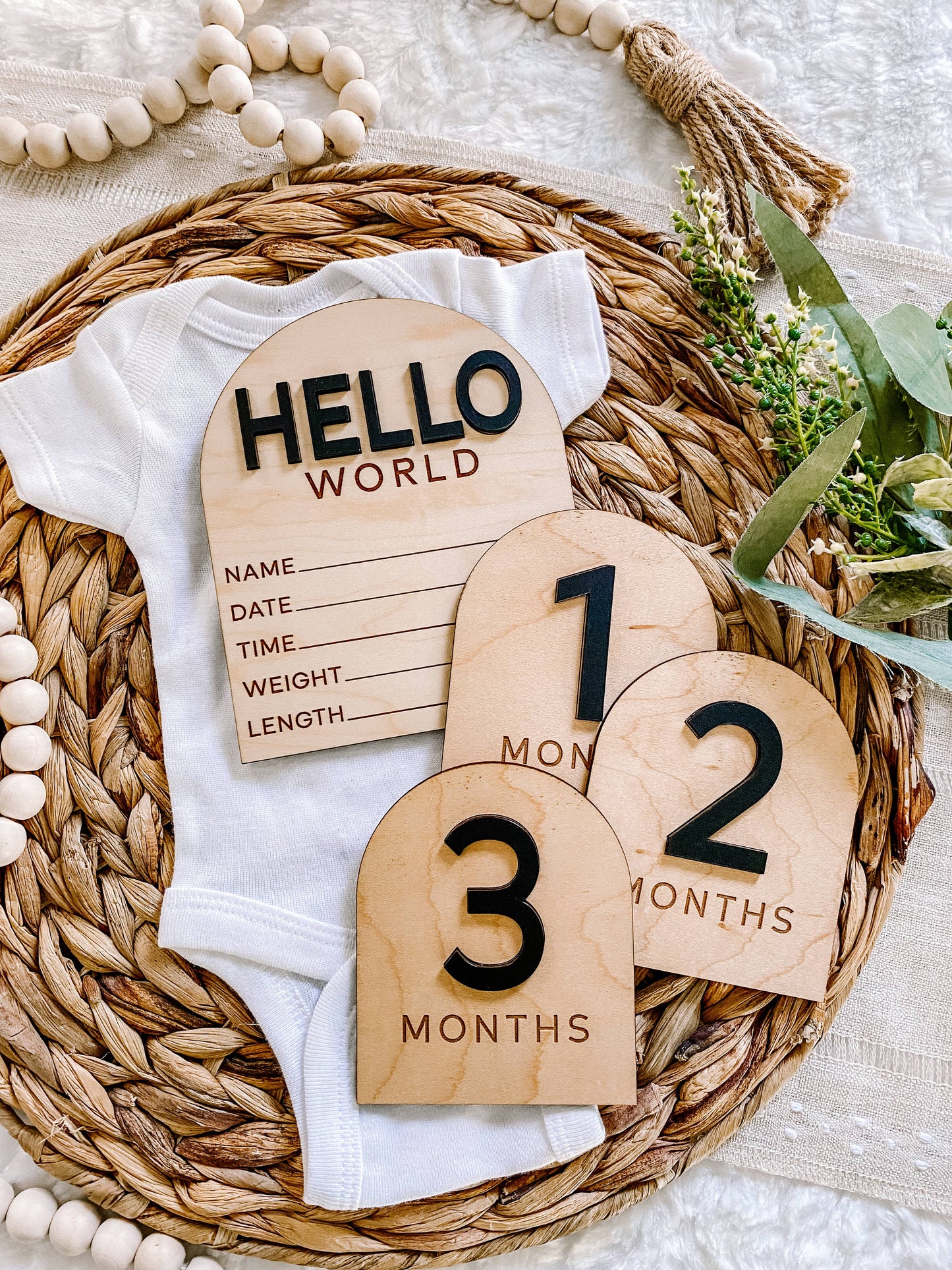 Modern Arch Hello World Birth Stat Sign: White