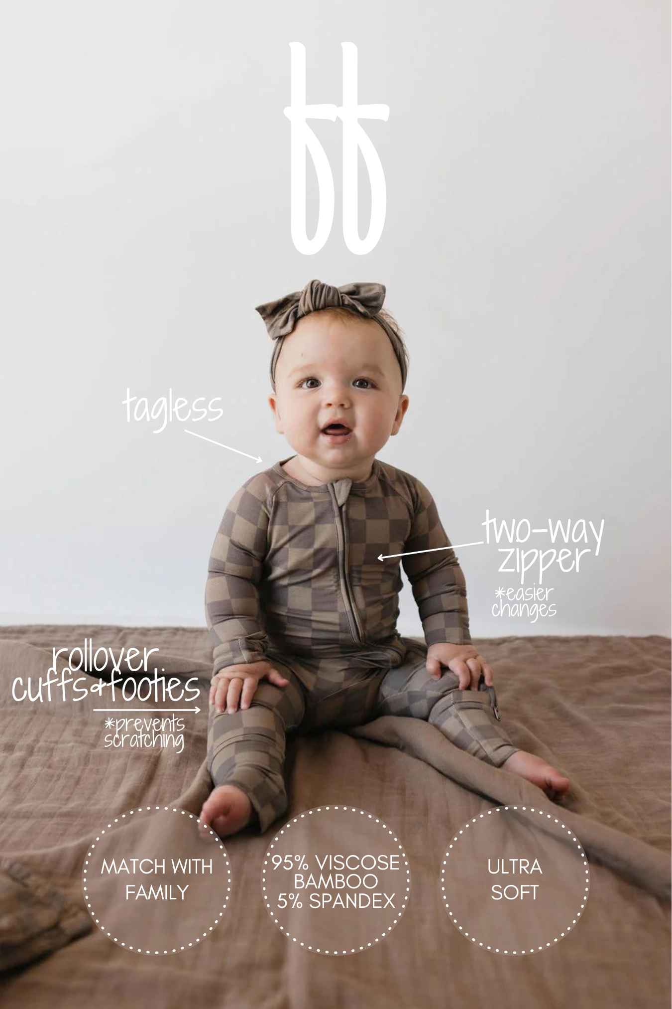 Bamboo Zip Pajamas | Faded Brown Checkerboard: 6-12 Months