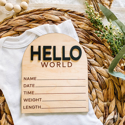 Modern Arch Hello World Birth Stat Sign: White