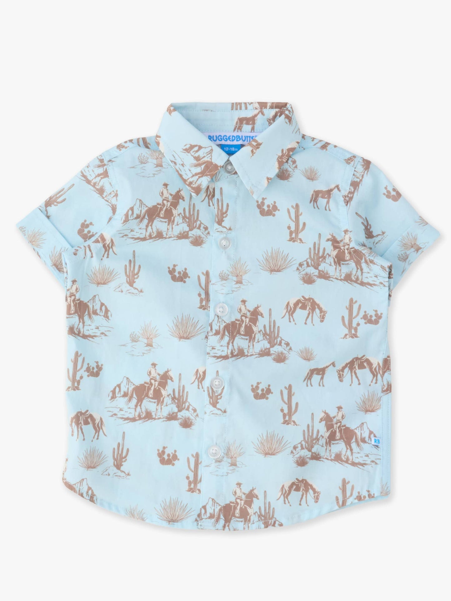 Boys Blue Western Trail Toile Short Sleeve Button Down Shirt: Blue