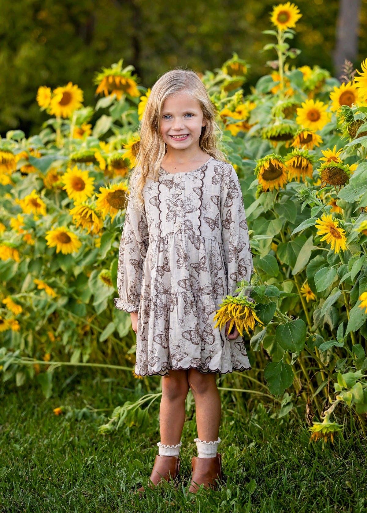 Miss Maple Long Sleeve Tiered Scalloped Dress: Brown