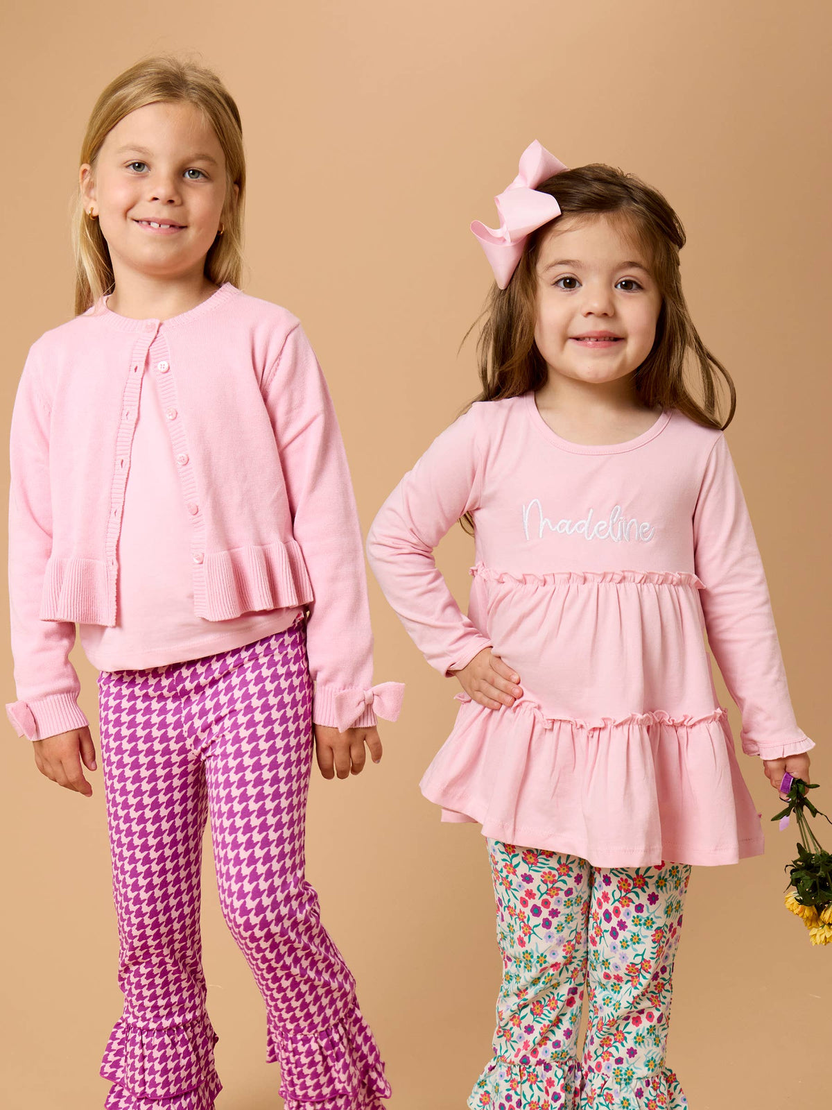 Girls Pink Knit Long Sleeve Ruffle Sleeve Top