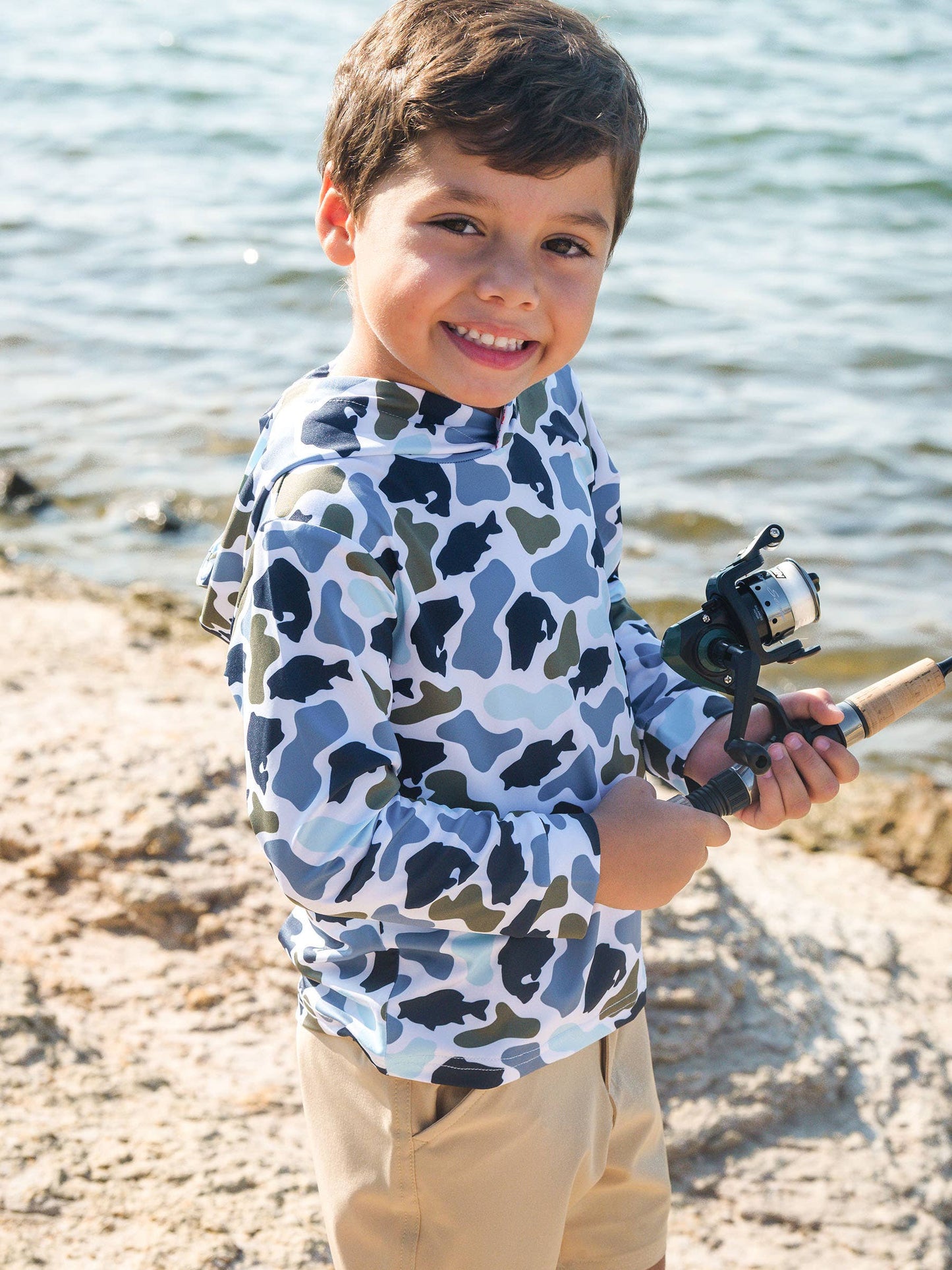 Boys Fish Camo Catch Performance Hooded Shirt: Multi-Color