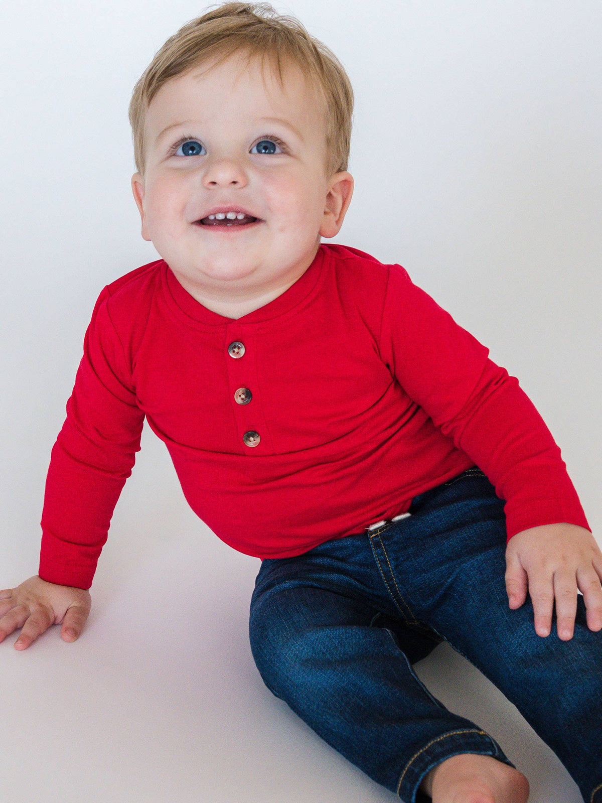 Boys Red Knit Long Sleeve Henley Tee: Red