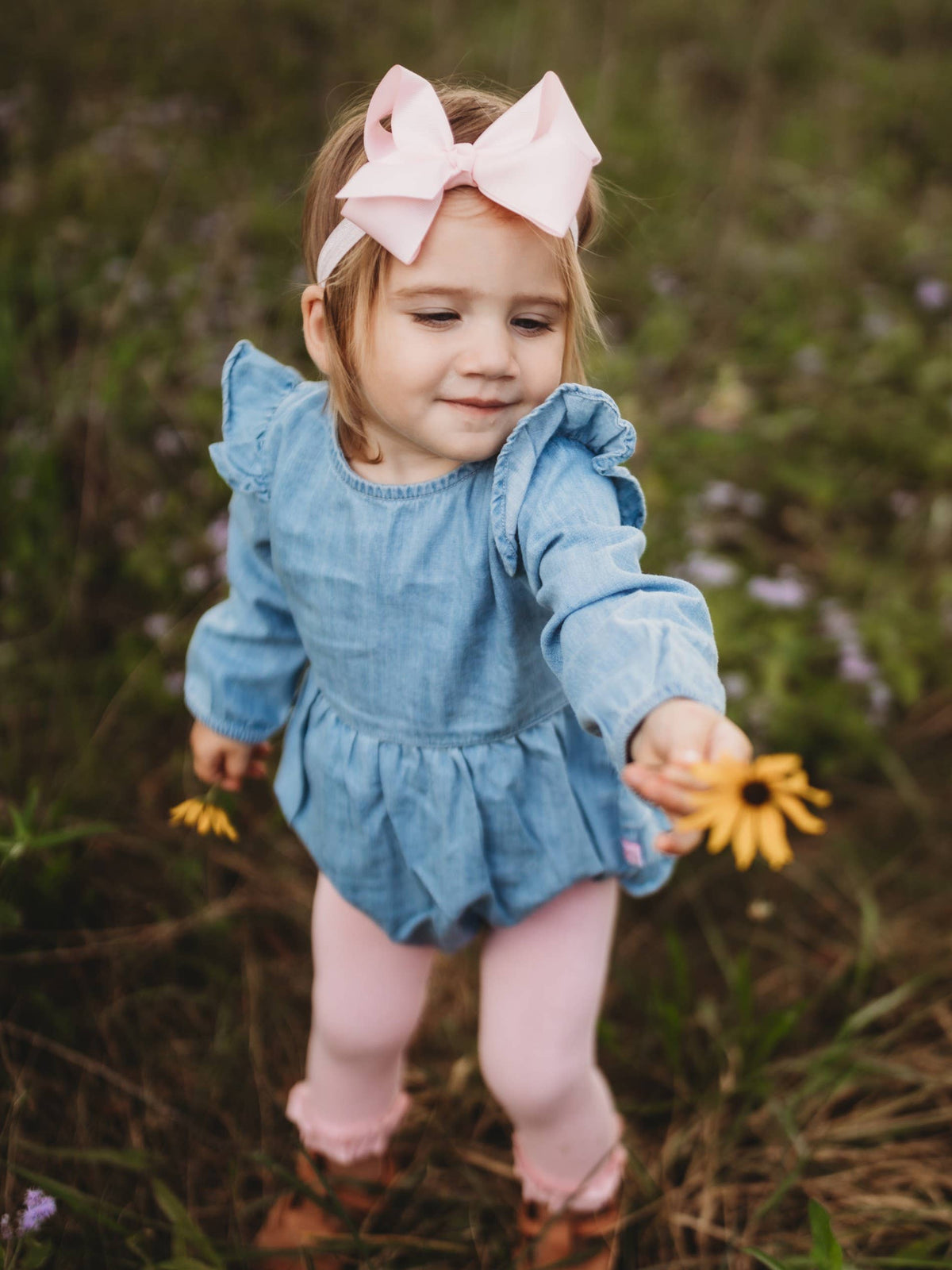 Baby Girls Light Wash Long Sleeve Flutter Bubble Romper: Blue