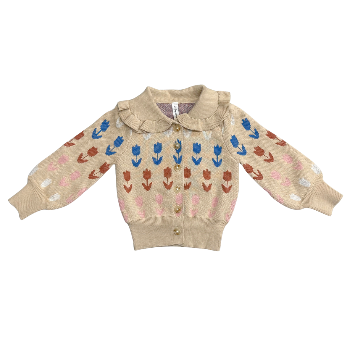 Babysprouts Girl's Floral Knit Cardigan: Beige Tulip Intarsia