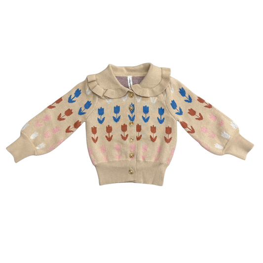 Babysprouts Girl's Floral Knit Cardigan: Beige Tulip Intarsia