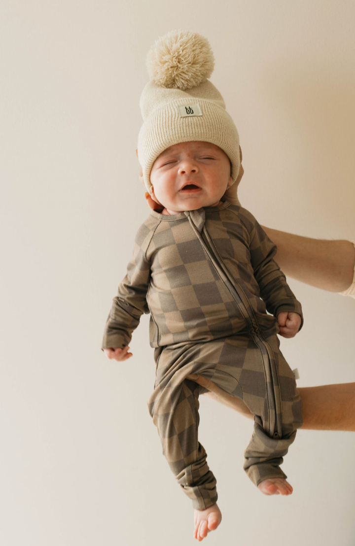 Bamboo Zip Pajamas | Faded Brown Checkerboard: Newborn