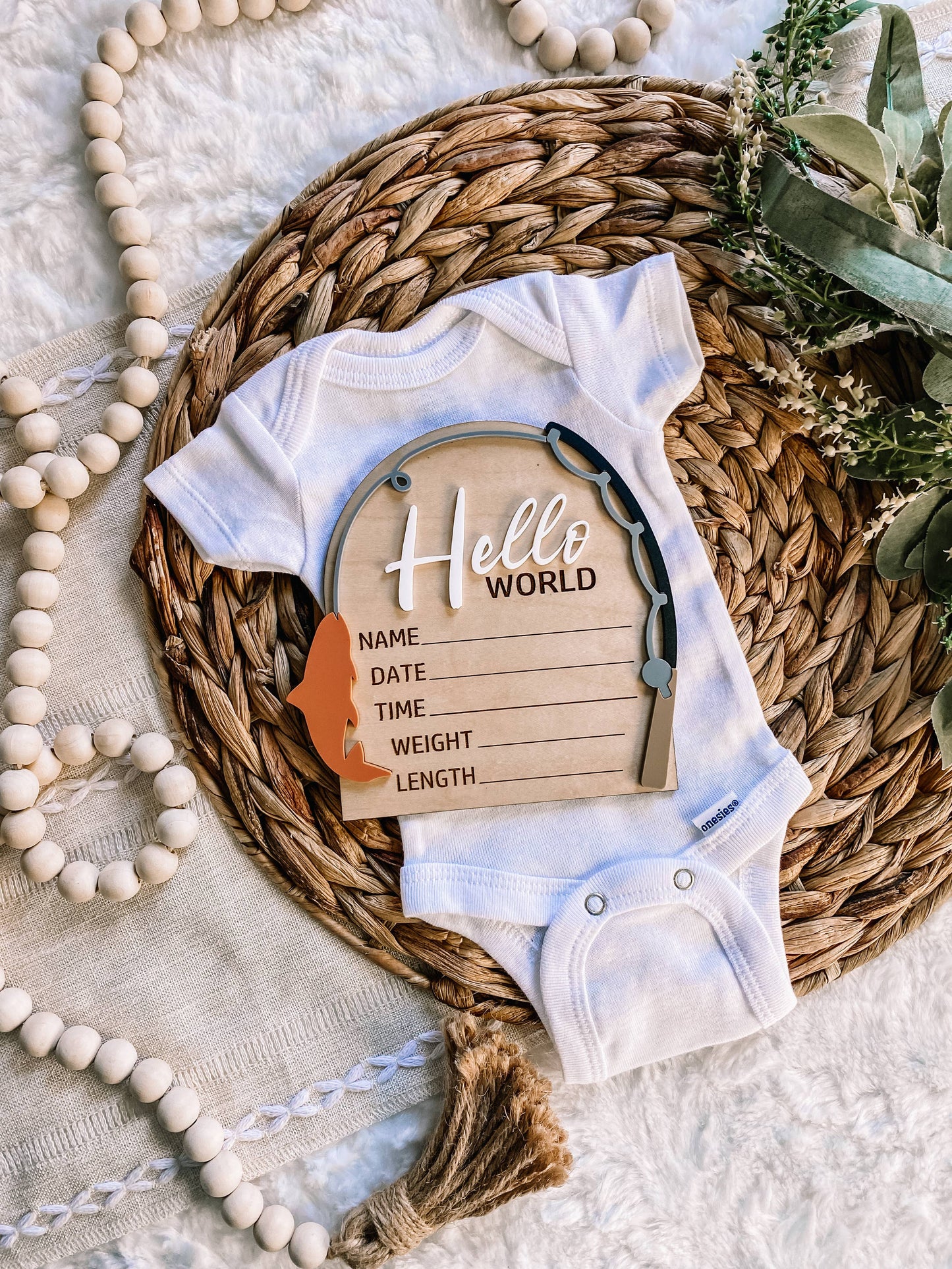 Hello World Birth Stat Sign - Fishing: White