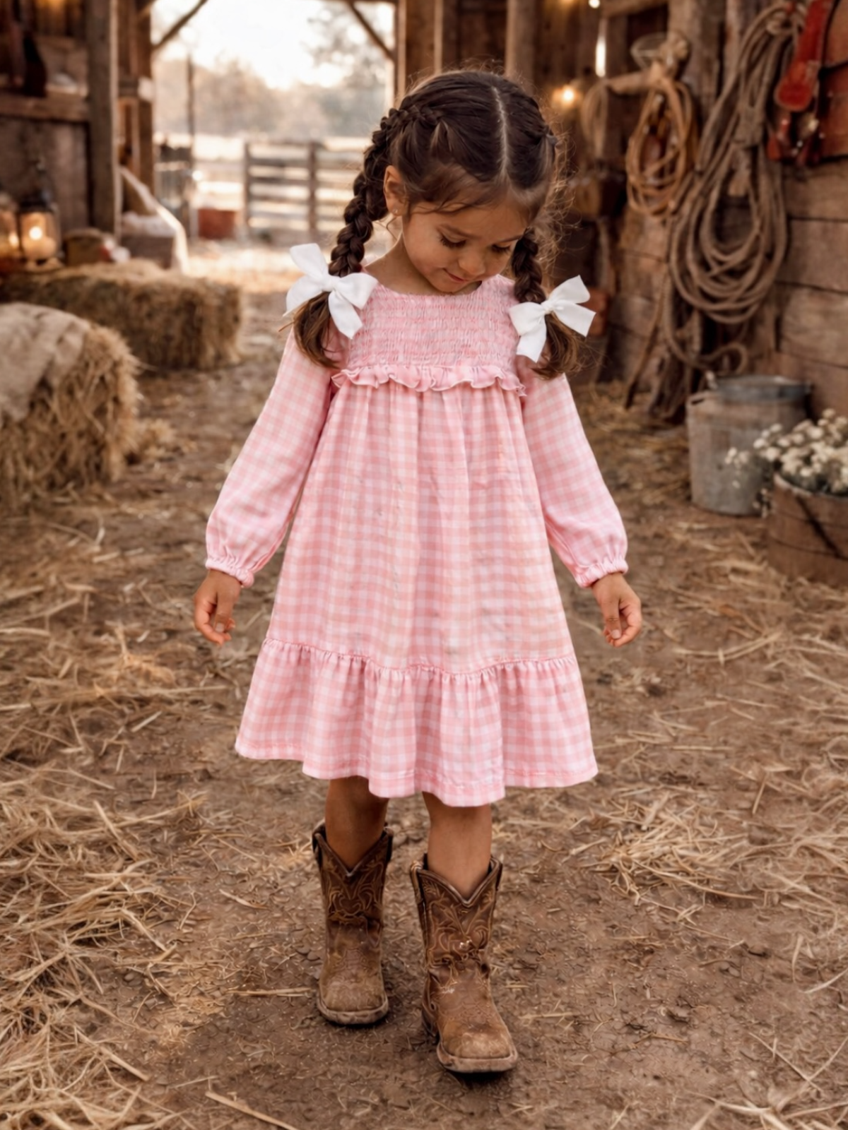 Smocked Ruffle Tiered Dress, Pink Gingham