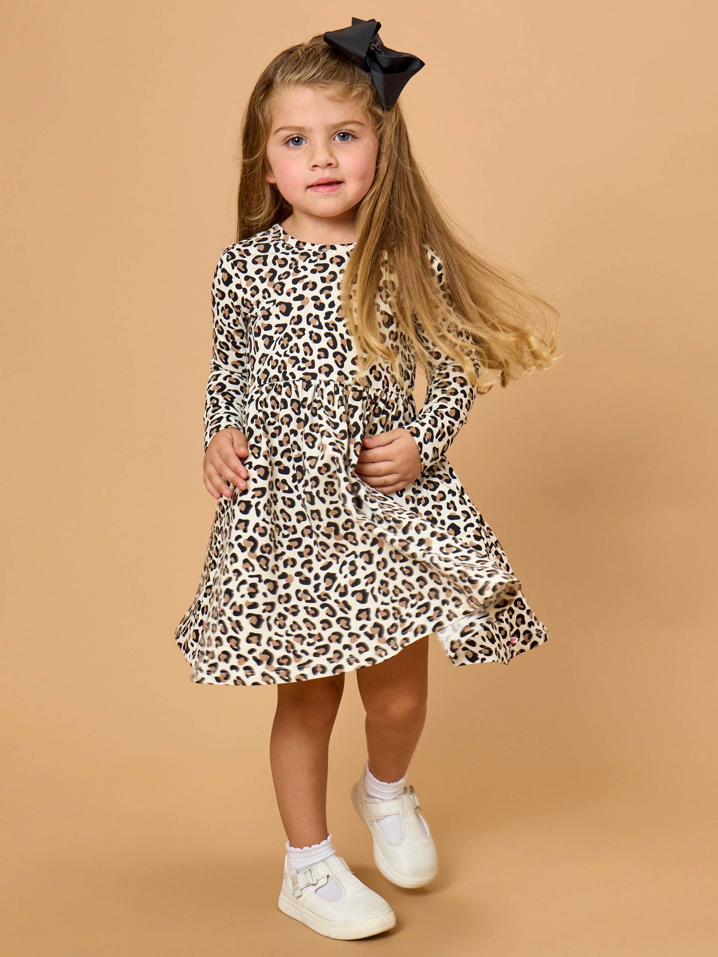 Girls Classic Leopard Knit Long Sleeve Twirl Dress: Multi-Color