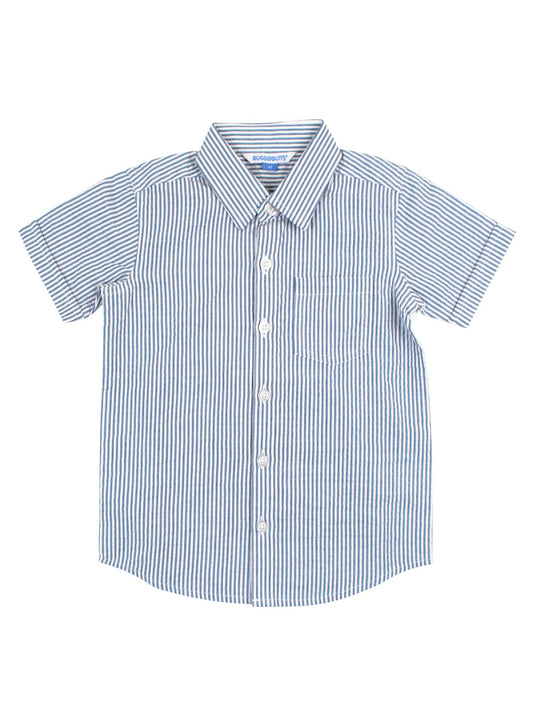 Boys Blue Seersucker Short Sleeve Button Down Shirt: Blue