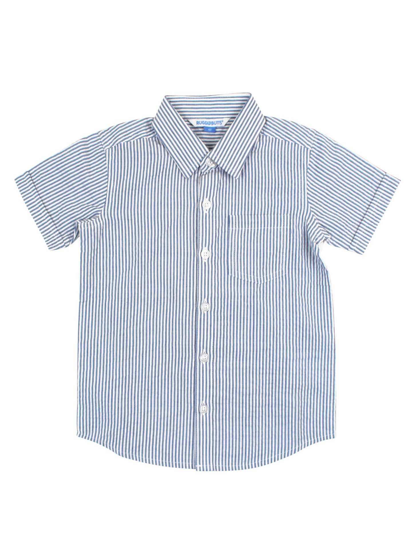 Boys Blue Seersucker Short Sleeve Button Down Shirt: Blue / 2T