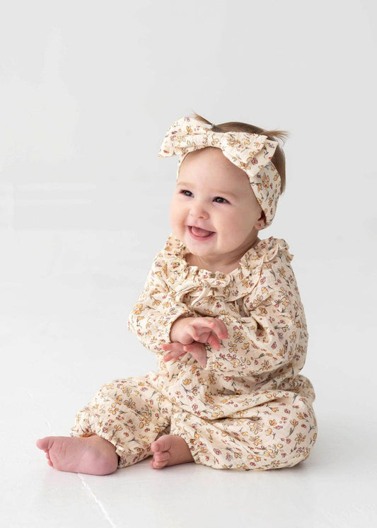 Autumn Breeze Long Sleeve Floral Ruffle Collar Romper: Red