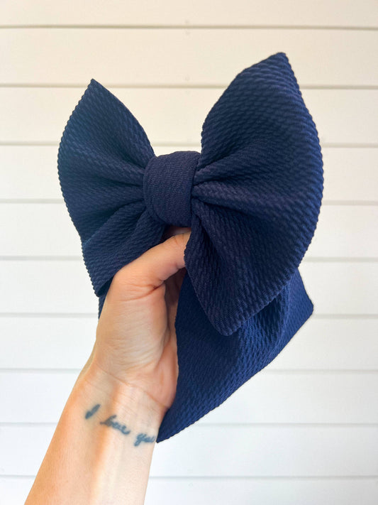 Navy Bullet Bow + Headwrap : NEWBORN HEADWRAP (5INCH BOW) BEST FITS 0-3M