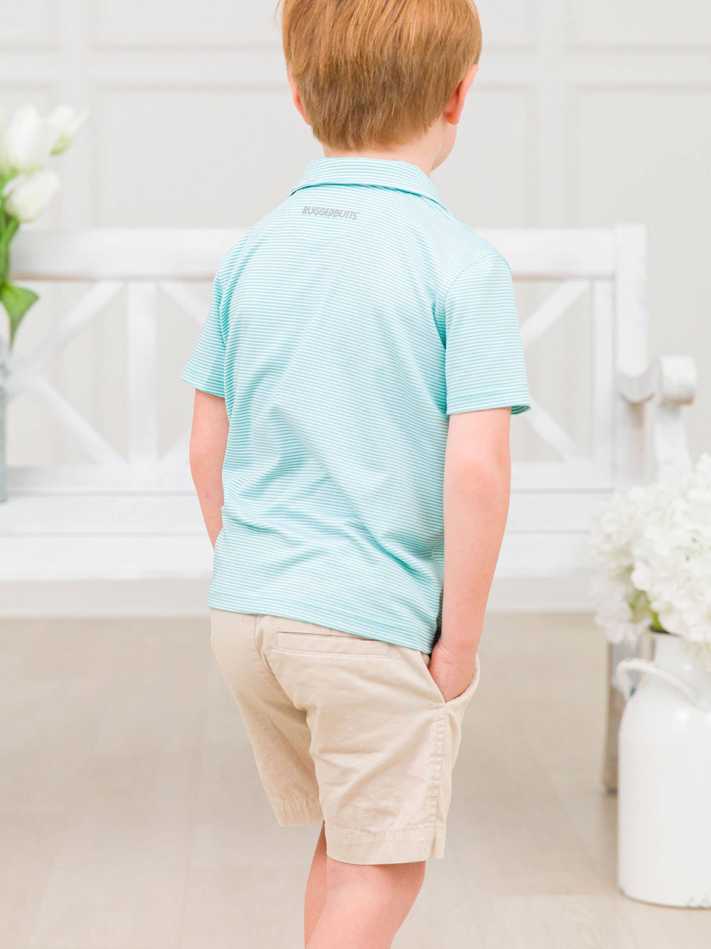 Boys Marine Green Micro Stripe Knit Short Sleeve Performance Polo: Green / 18-24m