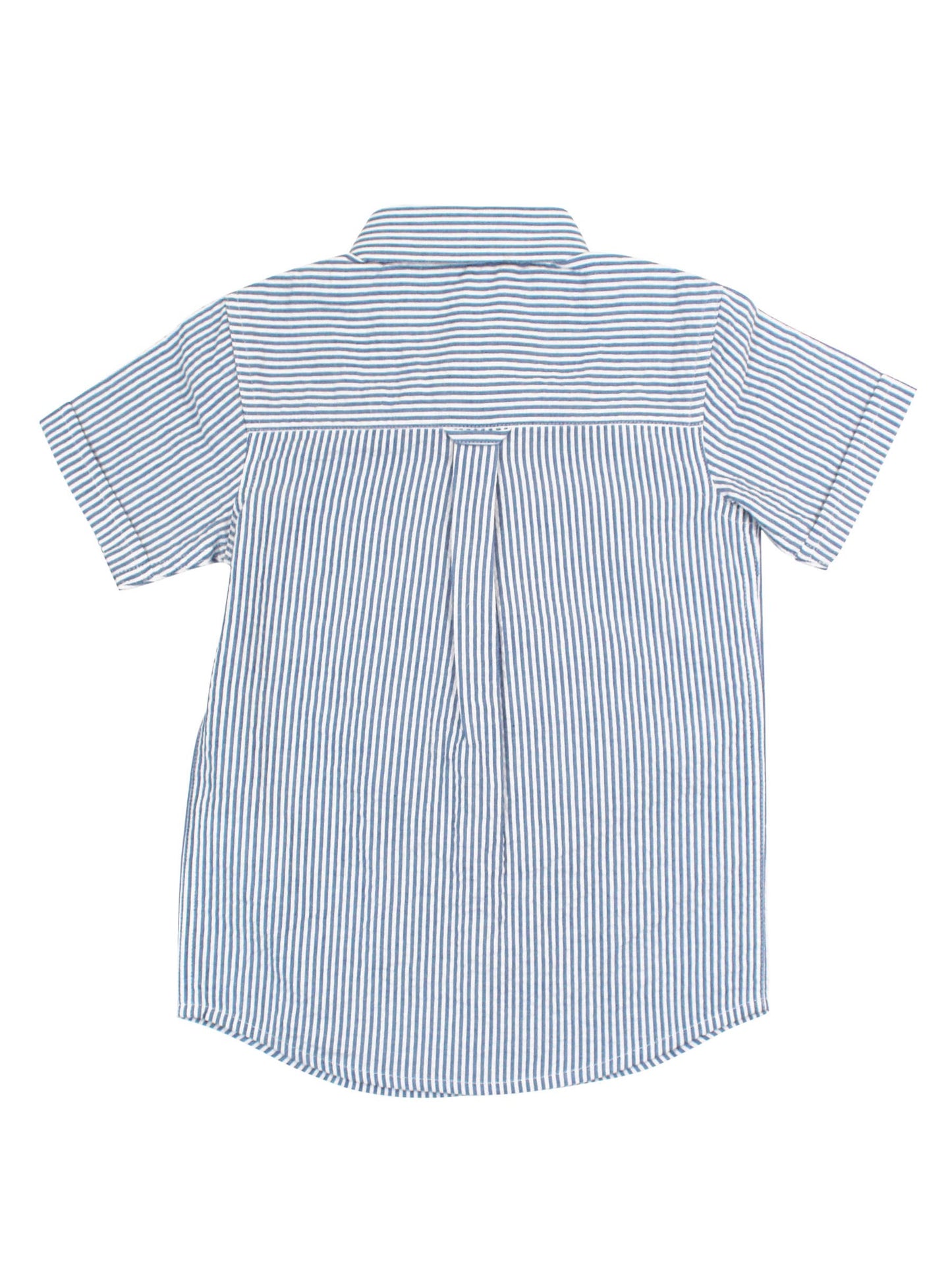Boys Blue Seersucker Short Sleeve Button Down Shirt: Blue / 6