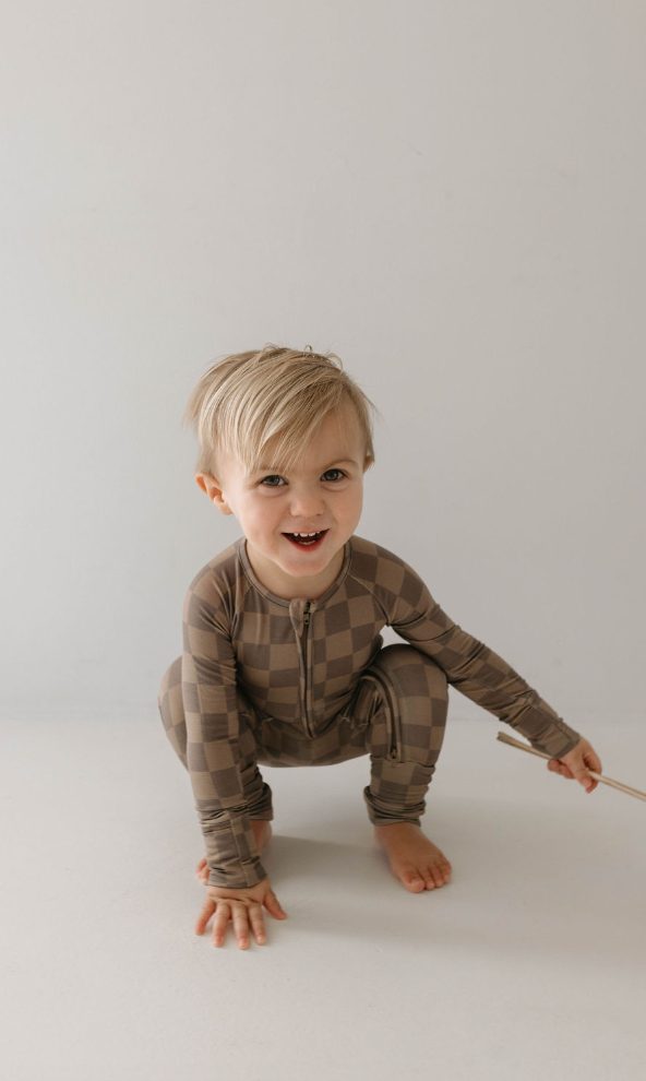 Bamboo Zip Pajamas | Faded Brown Checkerboard: 6-12 Months