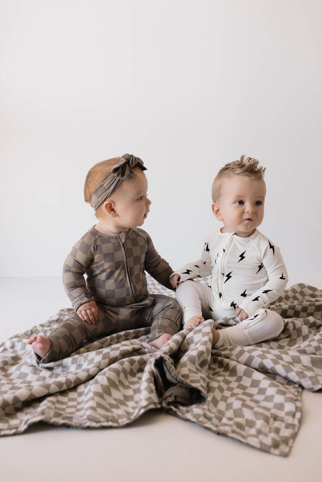 Bamboo Zip Pajamas | Faded Brown Checkerboard: 6-12 Months