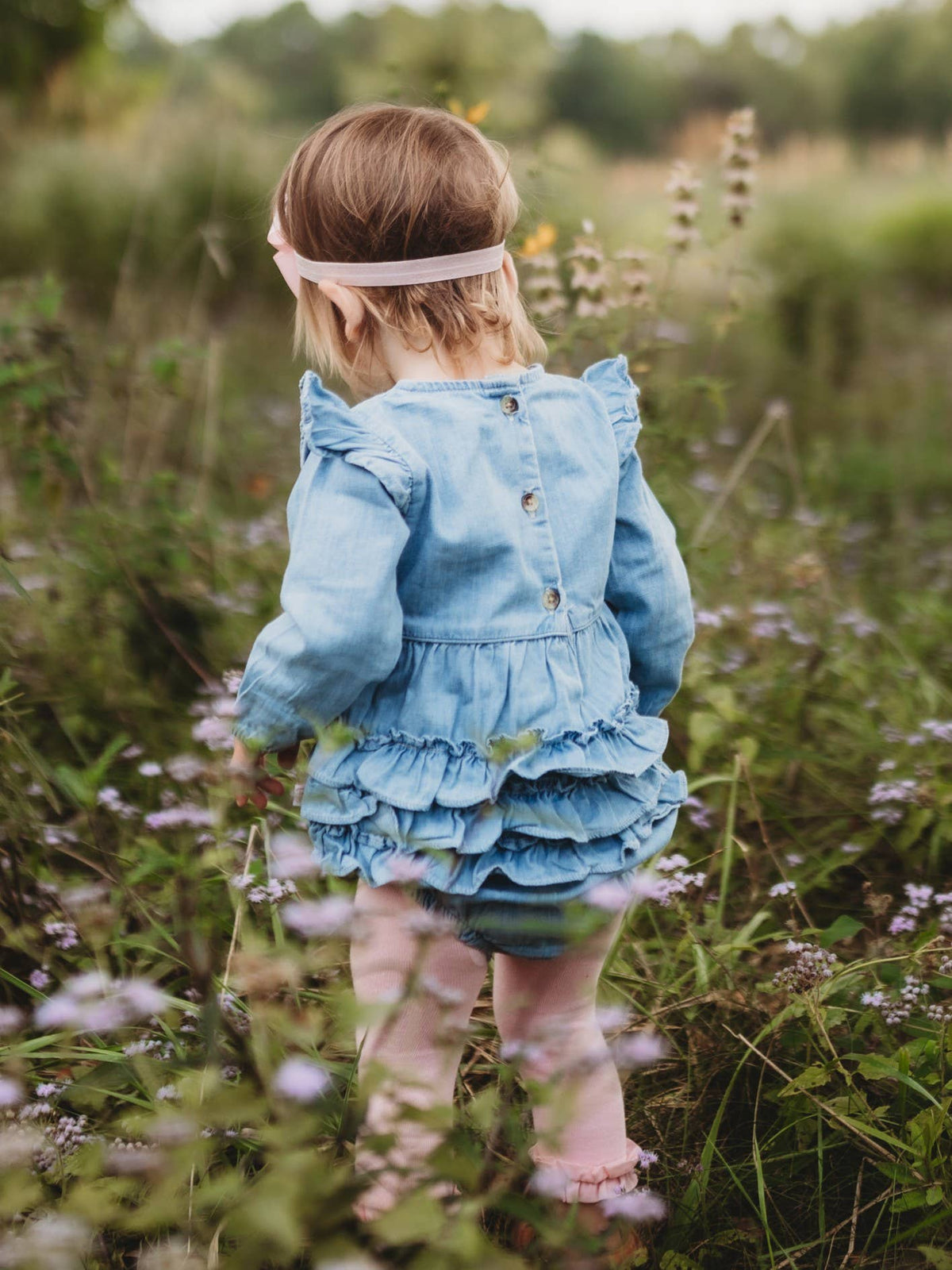 Baby Girls Light Wash Long Sleeve Flutter Bubble Romper: Blue
