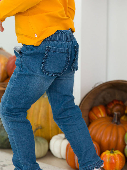 Girls Medium Wash Stretch Denim Ruffle Straight Jeans: Blue