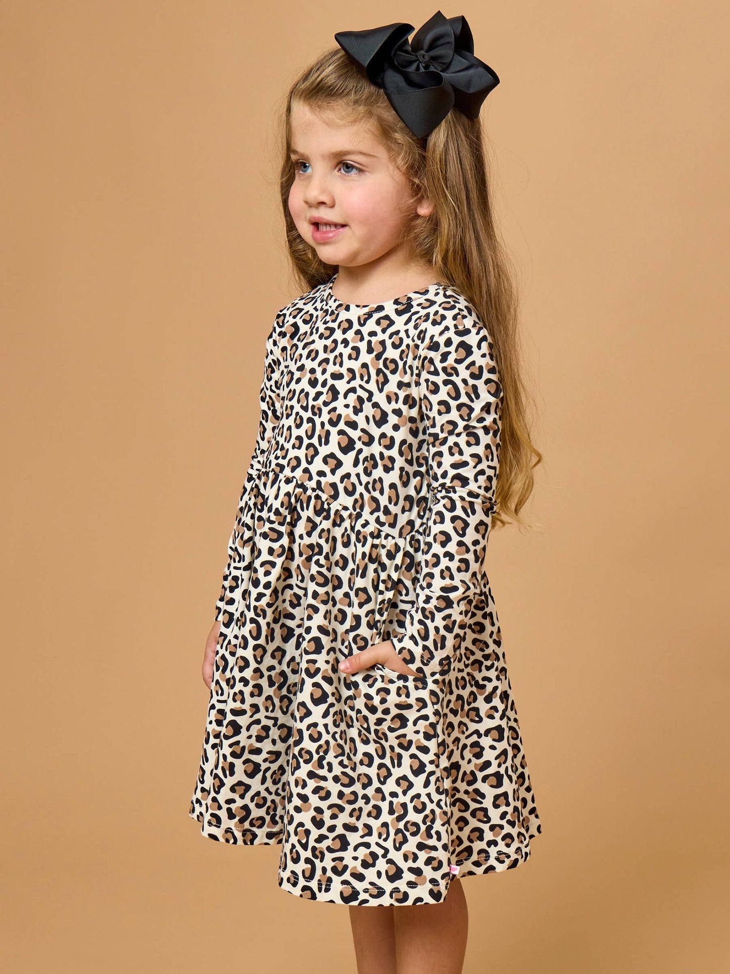 Girls Classic Leopard Knit Long Sleeve Twirl Dress: Multi-Color