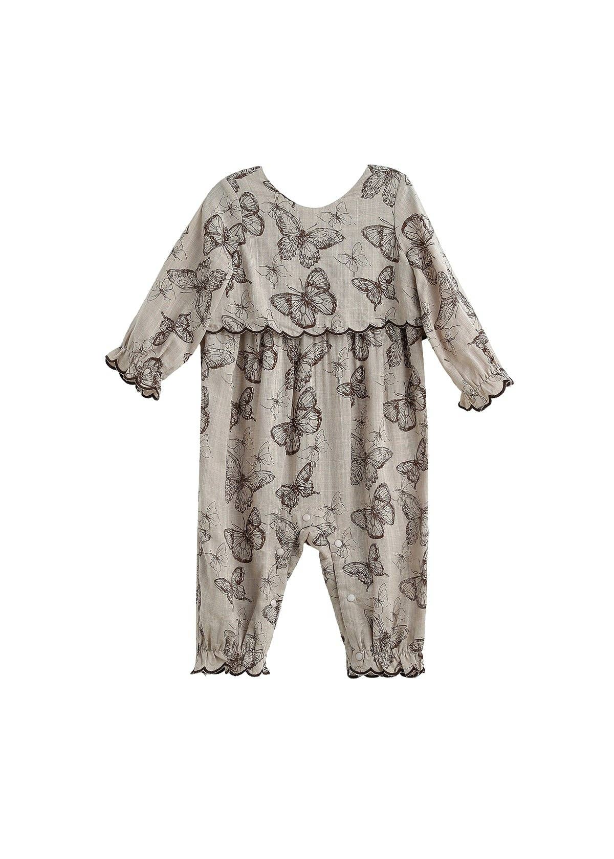 Miss Maple Long Sleeve Butterfly Print Tiered Romper: Brown