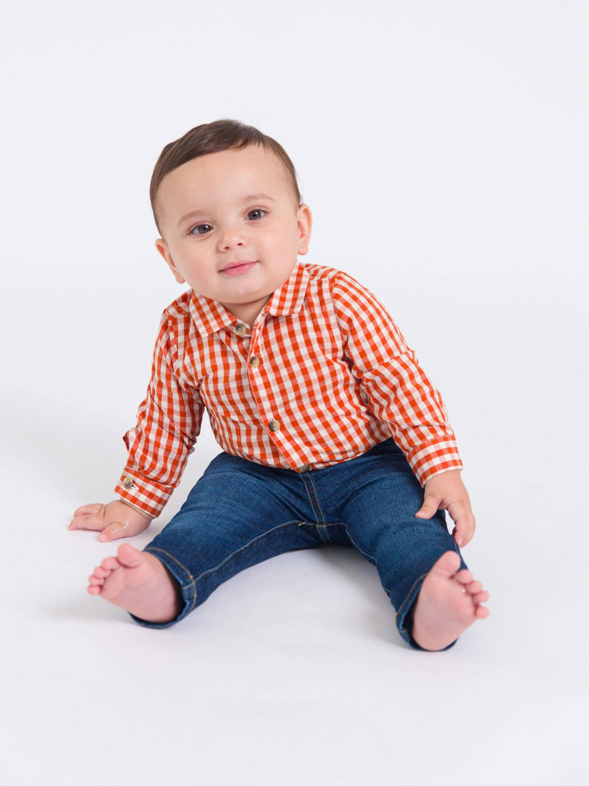 Baby Boys Classic Rust Gingham Long Sleeve Button Down Bodysuit: Orange