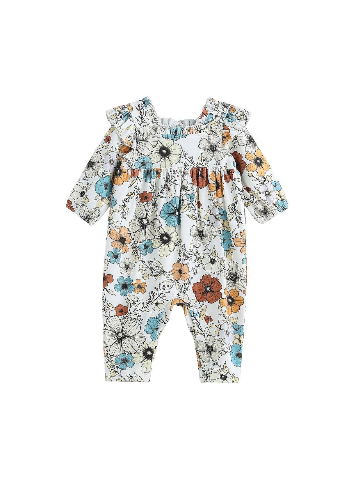 Autumn Blooms Floral Ruffle Neck Straight Leg Romper: Creme