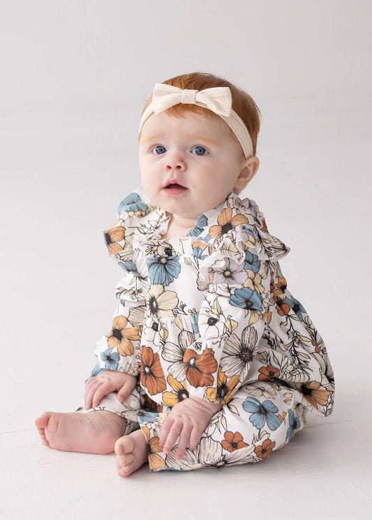 Autumn Blooms Floral Ruffle Neck Straight Leg Romper: Creme