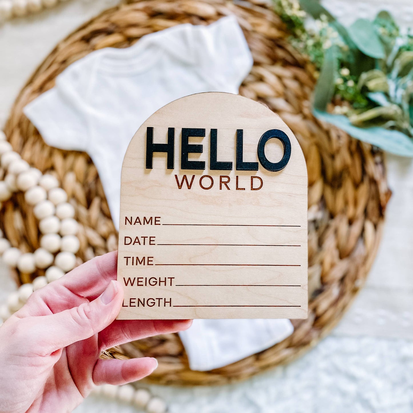 Modern Arch Hello World Birth Stat Sign: White