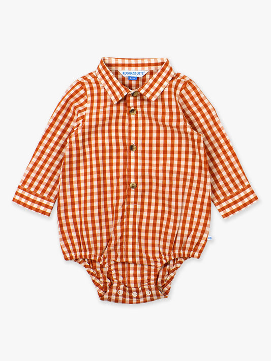 Baby Boys Classic Rust Gingham Long Sleeve Button Down Bodysuit: Orange