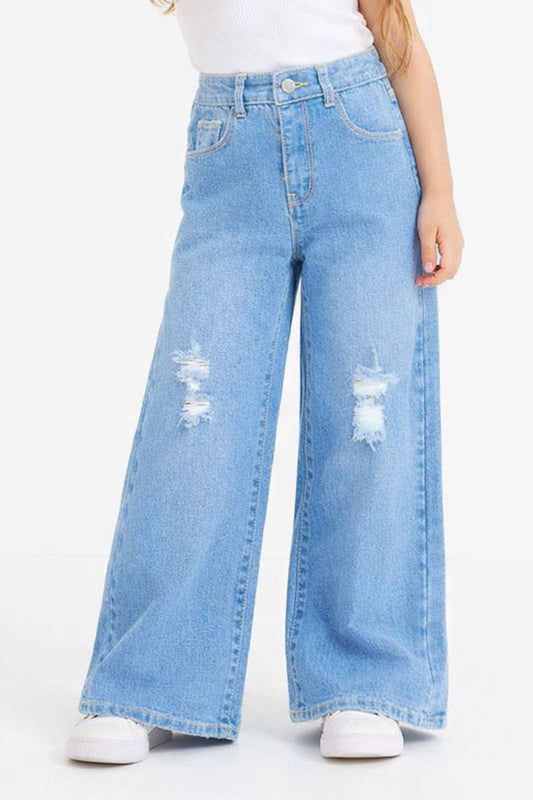 Toddler's Denim Pants w/ Wide Leg & Distress: Light Denim