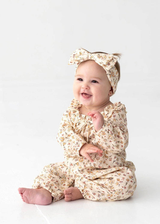 Autumn Breeze Long Sleeve Floral Ruffle Collar Romper: Red