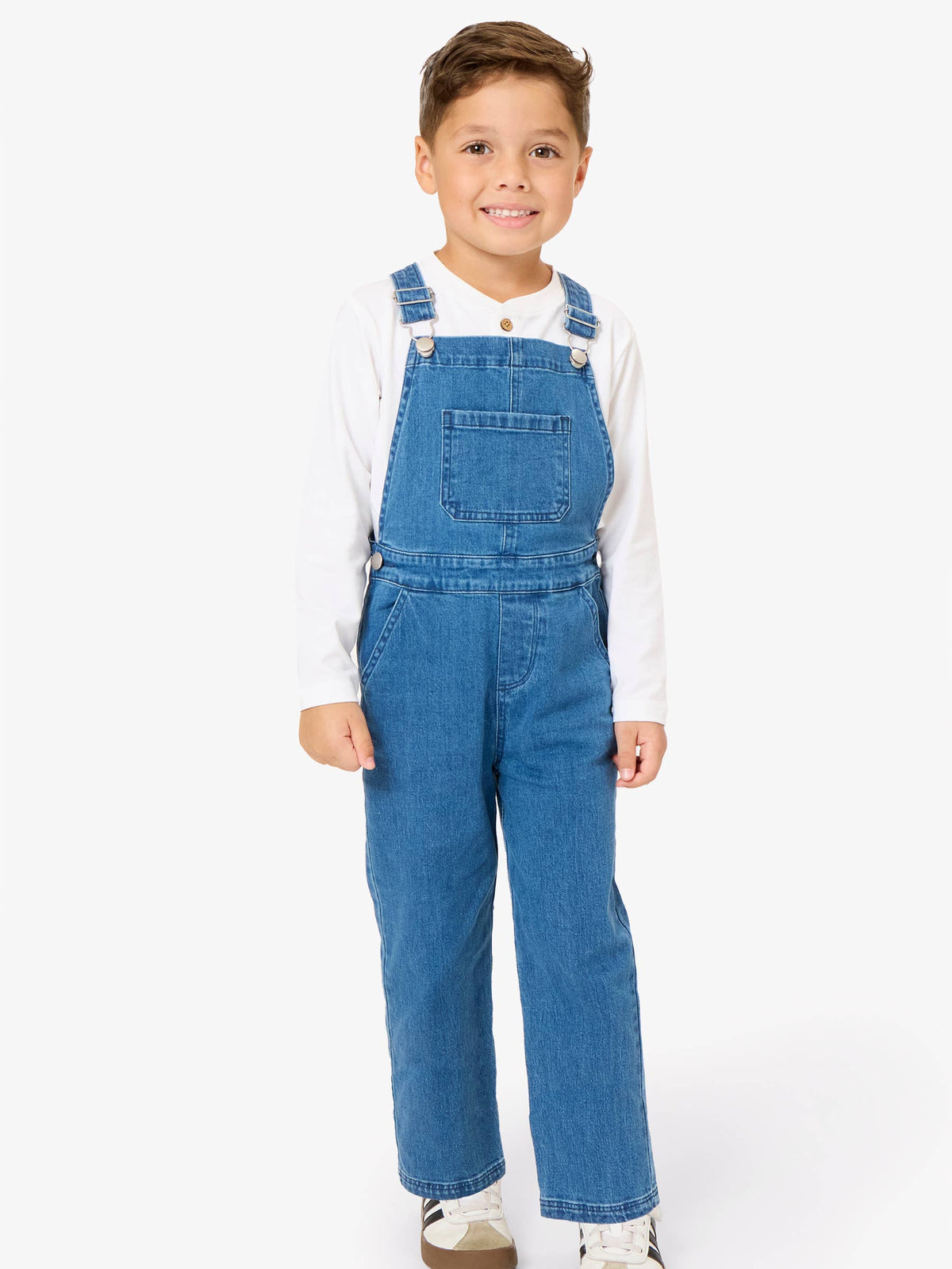 Medium Wash Stretch Denim Overalls: Blue