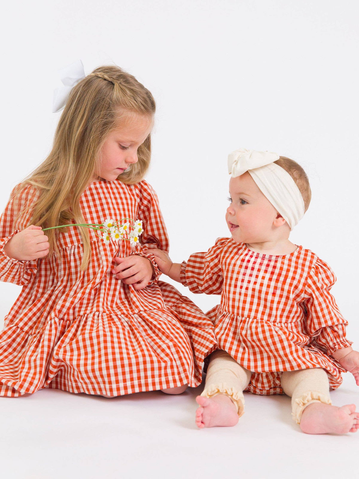 Girls Classic Rust Gingham Woven Long Sleeve Tiered Twirl Dress: Orange