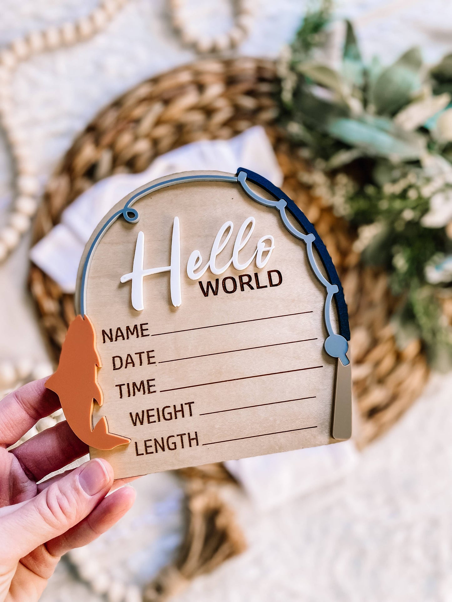 Hello World Birth Stat Sign - Fishing: White