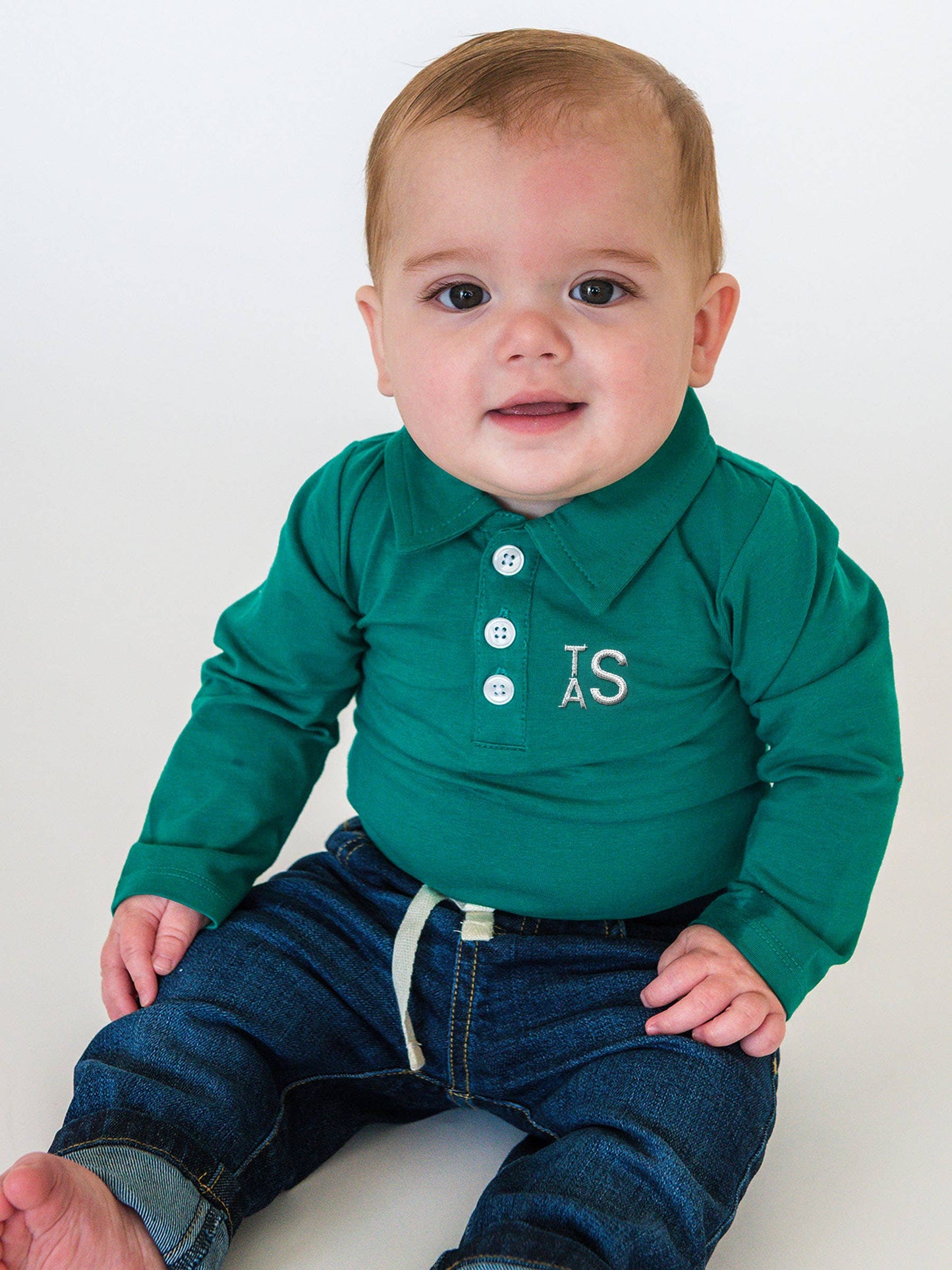 Baby Boys Emerald Green Knit Polo Bodysuit: Green