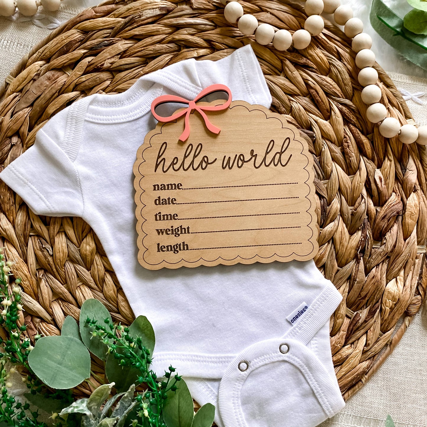 Hello World Birth Stat Sign - Dainty Bow: Blush