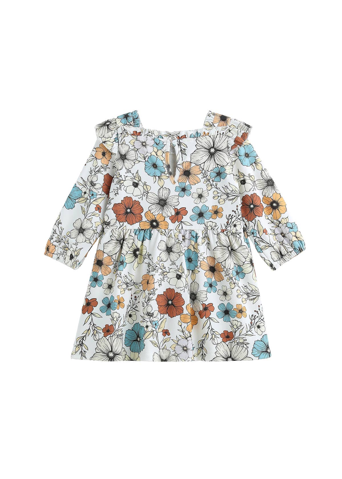 Autumn Blooms Long Sleeve Floral Ruffle Trim A Line Dress: Creme