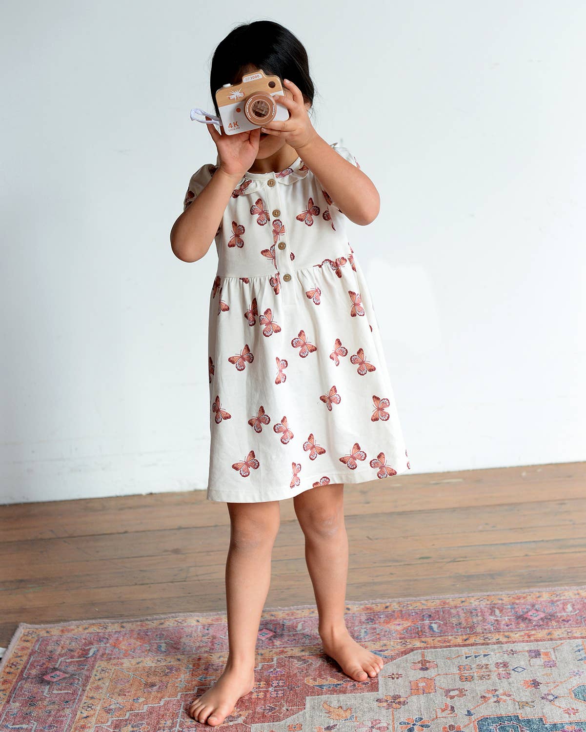 Girl Spring Frill Collar Henley Dress- Butterflies