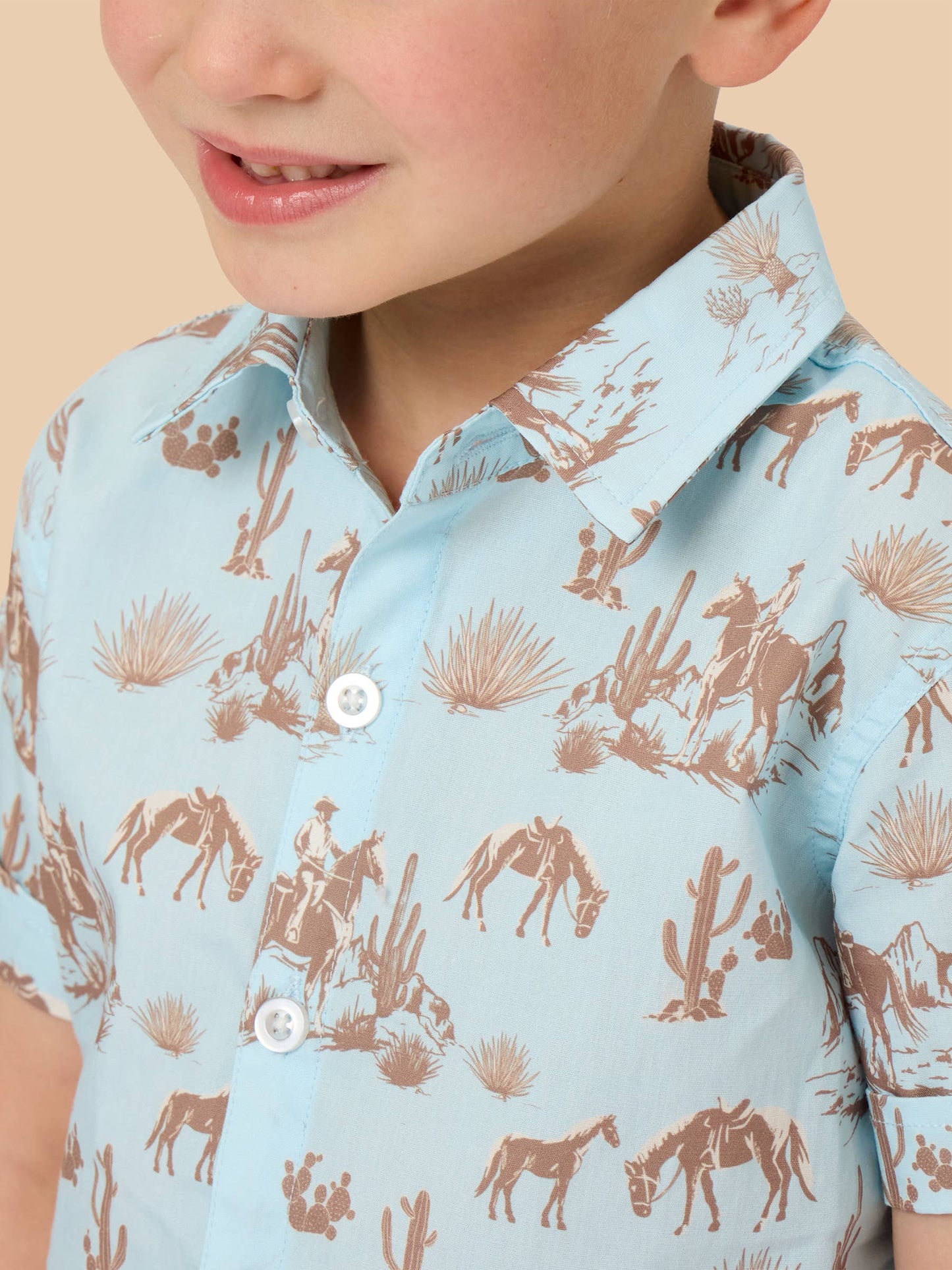 Boys Blue Western Trail Toile Short Sleeve Button Down Shirt: Blue