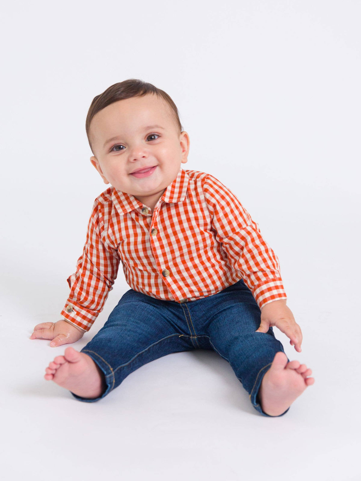 Baby Boys Classic Rust Gingham Long Sleeve Button Down Bodysuit: Orange