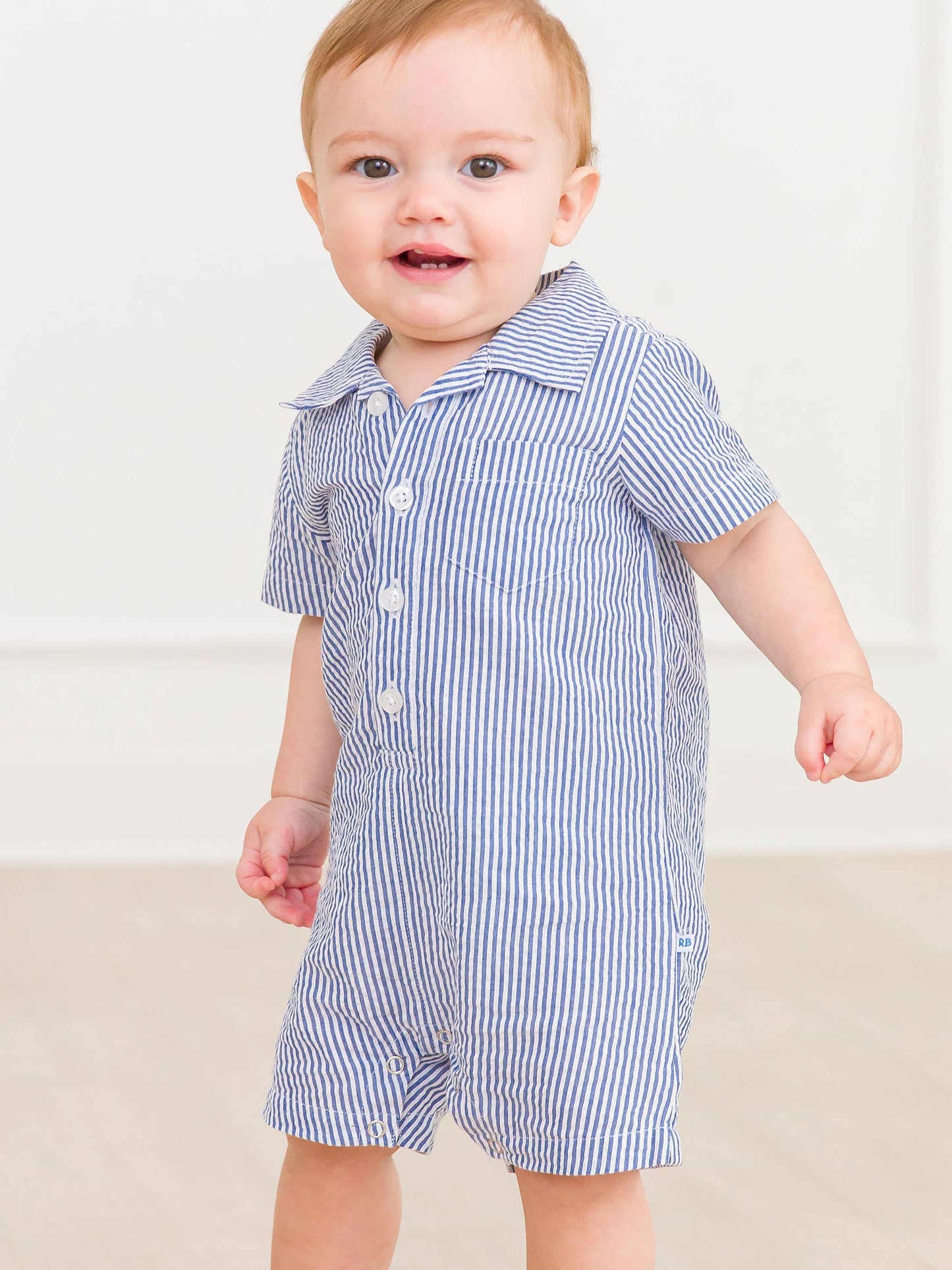 Baby Boys Blue Seersucker Button-Up Romper: Blue / 6-12m