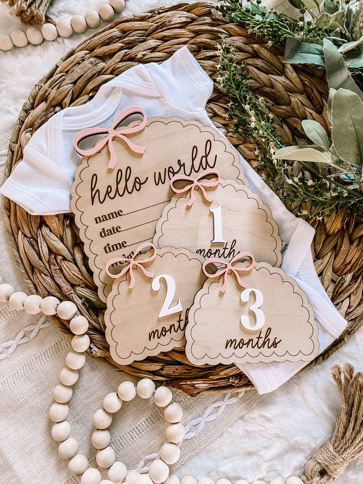 Wooden Monthly Milestone Set - Dainty Bows : Blush
