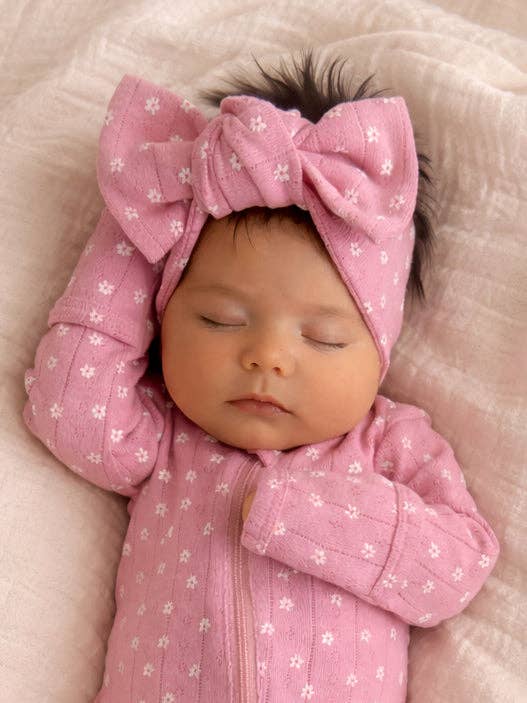 Pink Flower / Organic Pointelle Bow: 0-6M